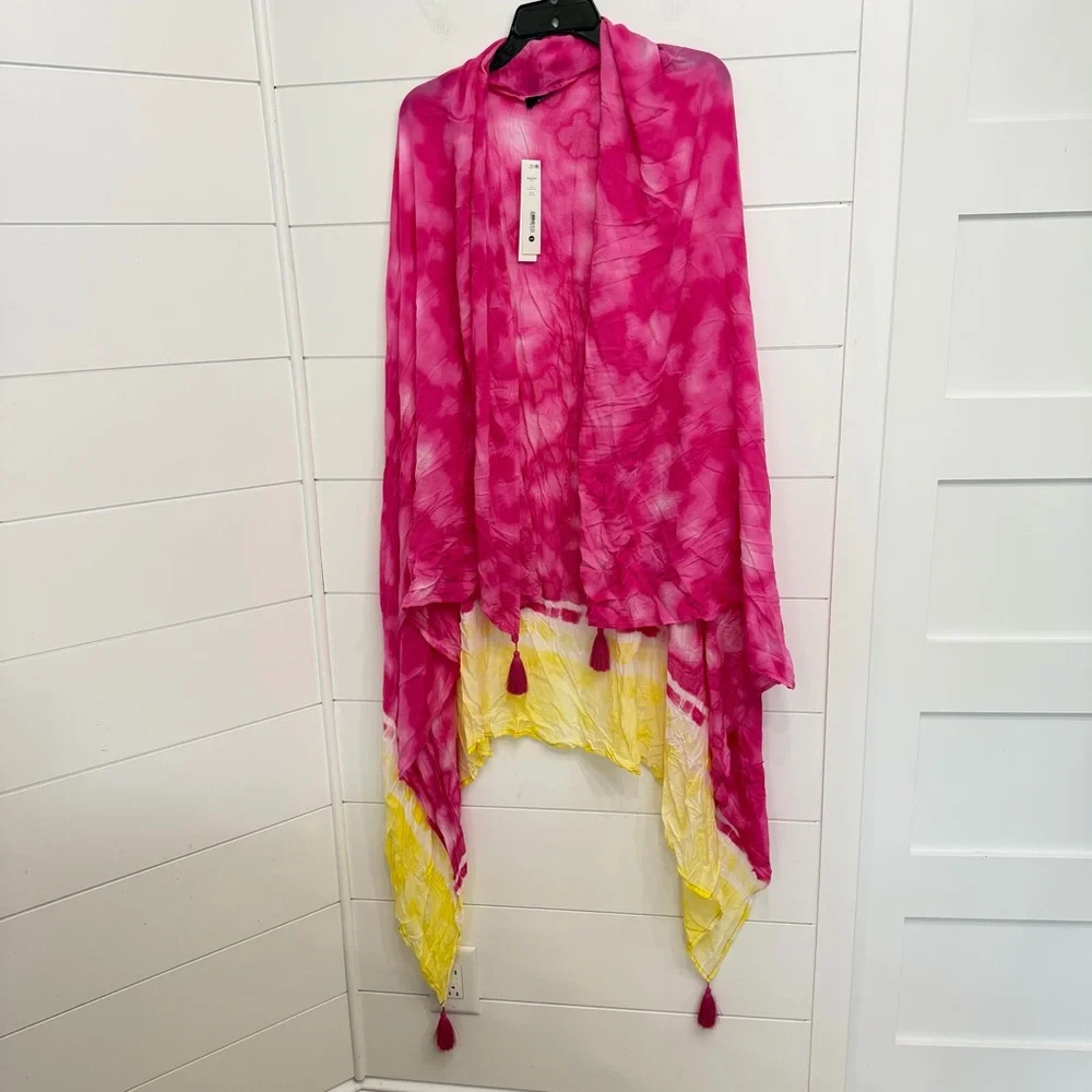 Aqua Tie Dye Tassel Shawl Wrap Pink Yellow Lightweight Kimono NWT 36274 - Picture 2 of 11